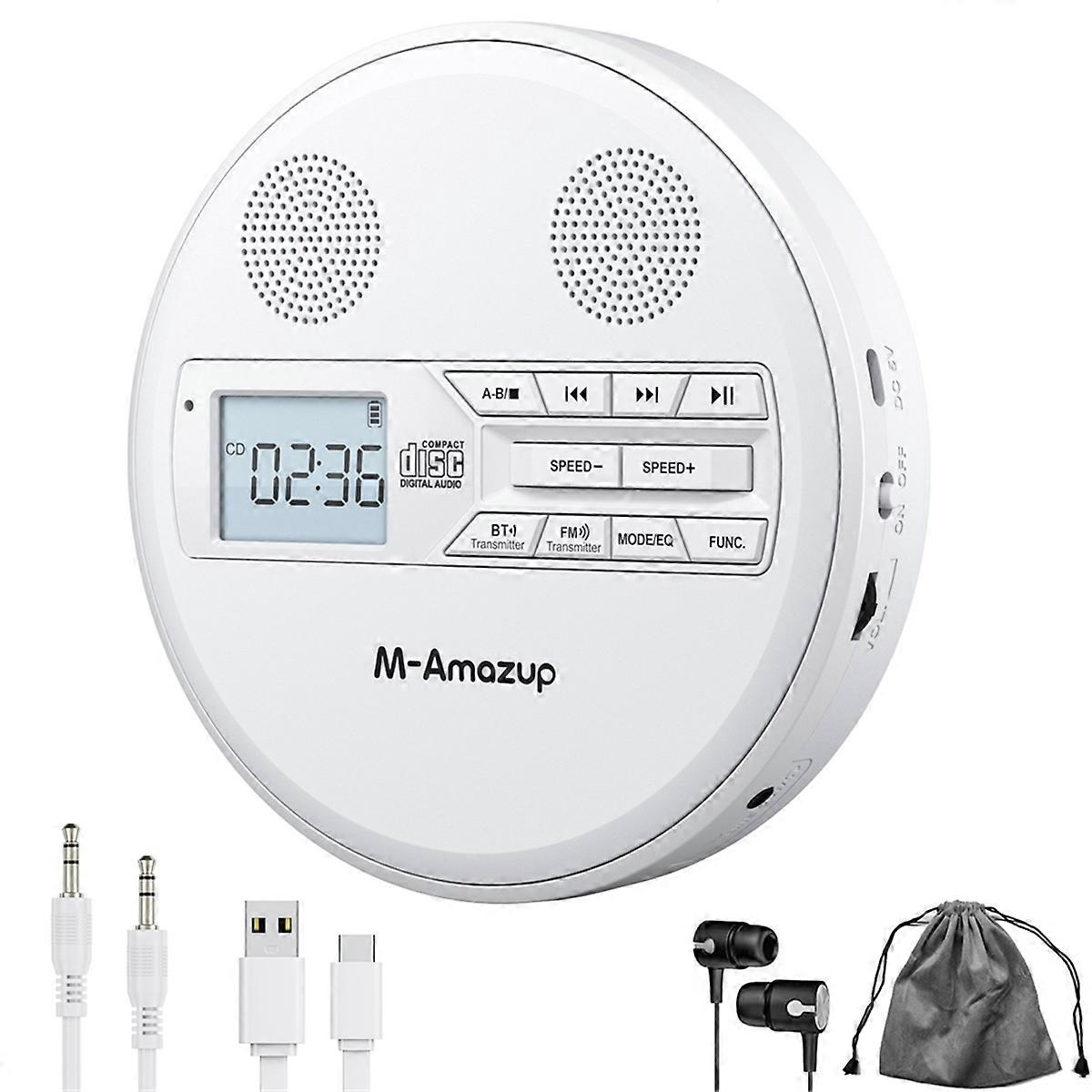 Multifunctional Discman CD Player with Bluetooth, FM, Headphones, Repeater, Learning Machine, USB Stereo Speaker White