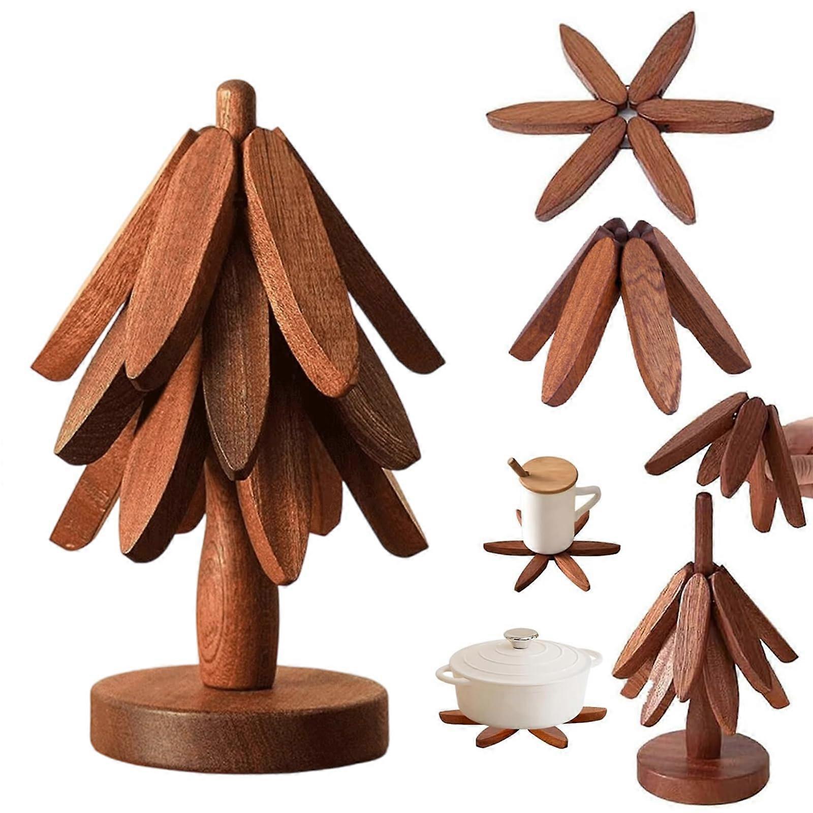 ​​Foldable Walnut Wood Tree Trivet Set with Storage Stand​​, Heat Resistant Kitchen Coasters for Hot Pots, Bowls & Teapots
