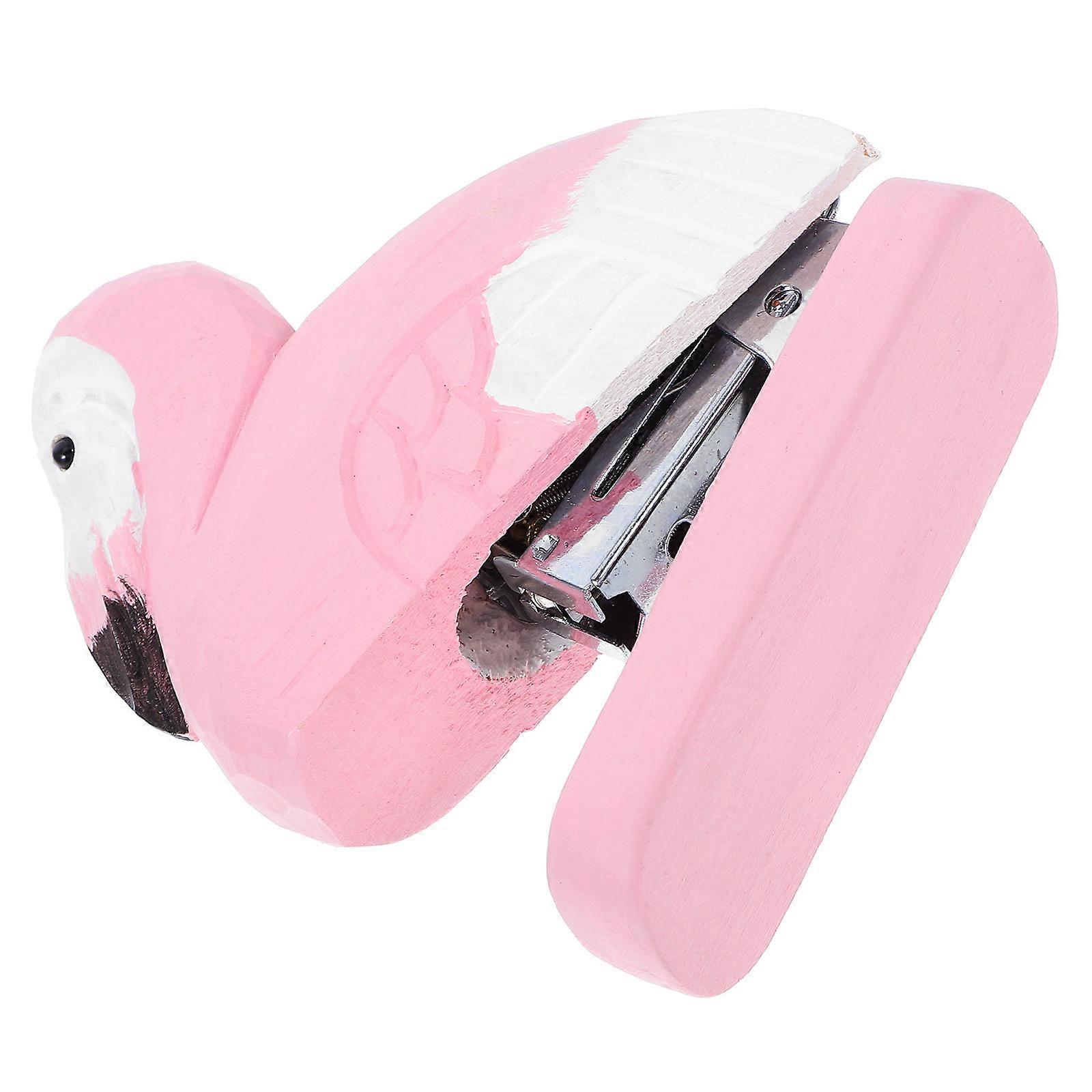 Office Flamingo Wooden Stapler with 2Pcs Hand Held Mini Flamingo Figurine