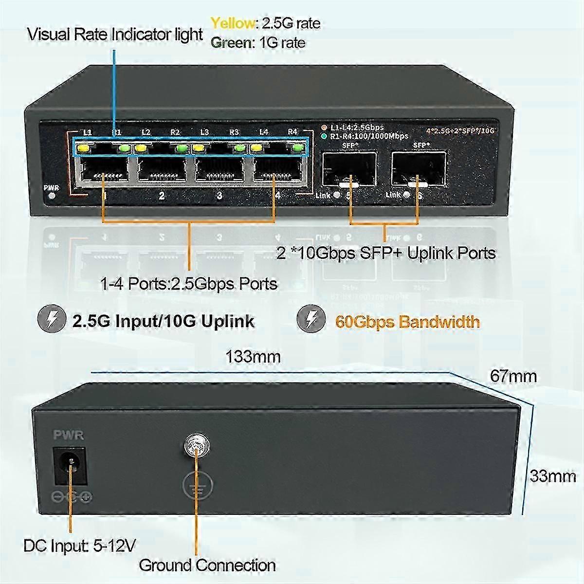 2.5g Ethernet Network Switch Lan Hub 4x2.5g+2x10g Sfp+ Uplink Port ...
