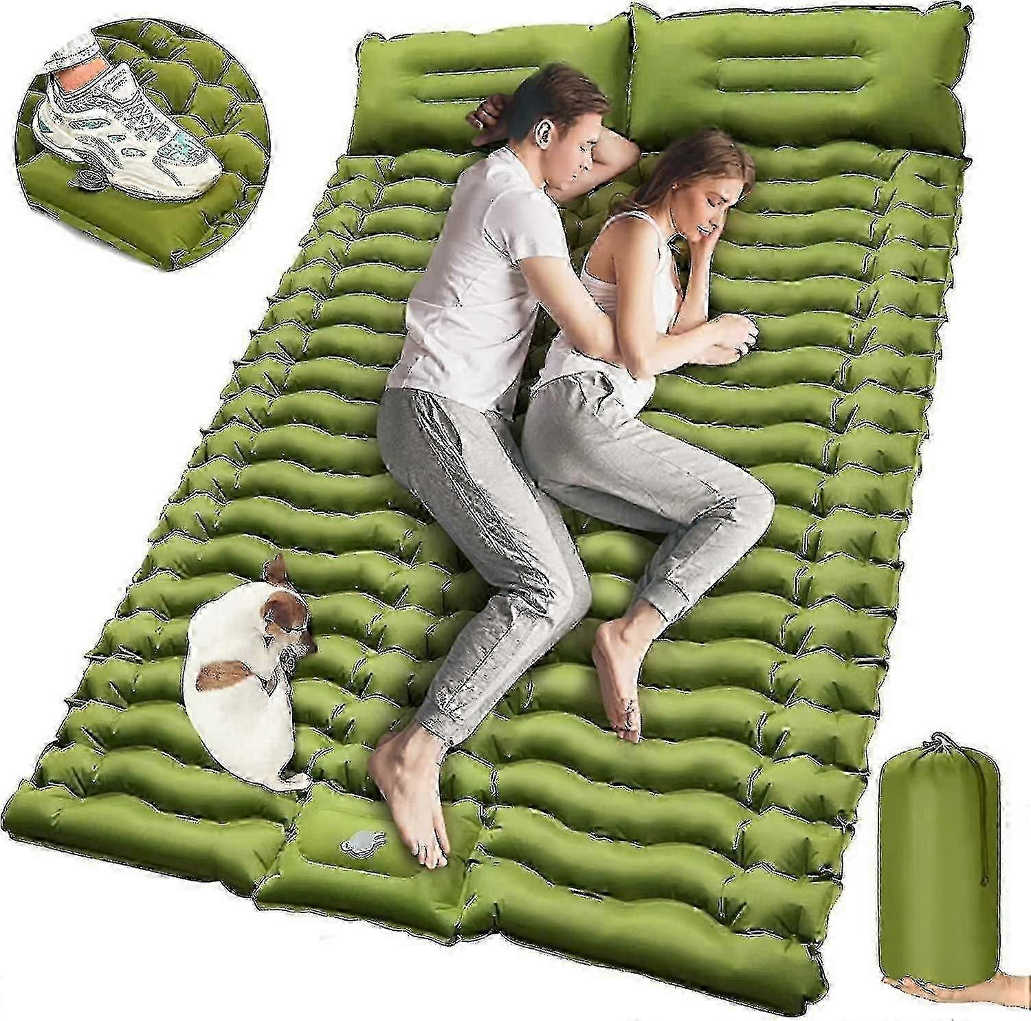 Double Camping Sleeping Pad With Built-in Foot Pump And Pillows Thick Inflatable 2 Person Portable C