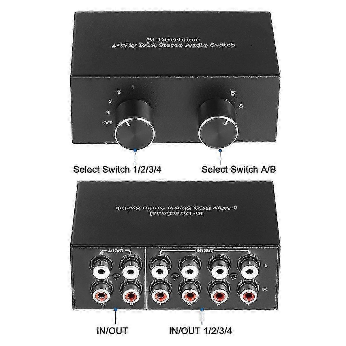 Bi-Directional 4-Way Stereo Audio Switch L/R Sound Channel Audio Switcher,2 in 4 Out or 4 in 2 Out Audio SplitterBlack SZRH A-D 4523