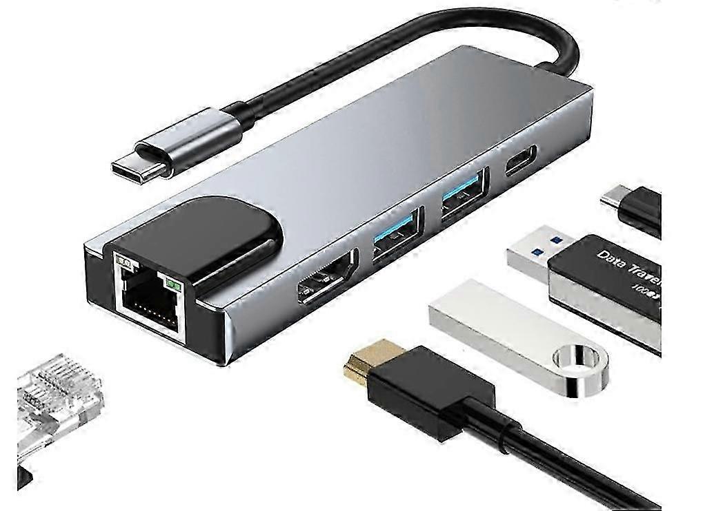 2025 5 in 1 USB C Docking Station,Type C to HDMI Adapter,RJ45 Ethernet,4K HDMI100W PD,2 USB 3.0 compatible with MacBook Pro/Air and Type C devices(Gra