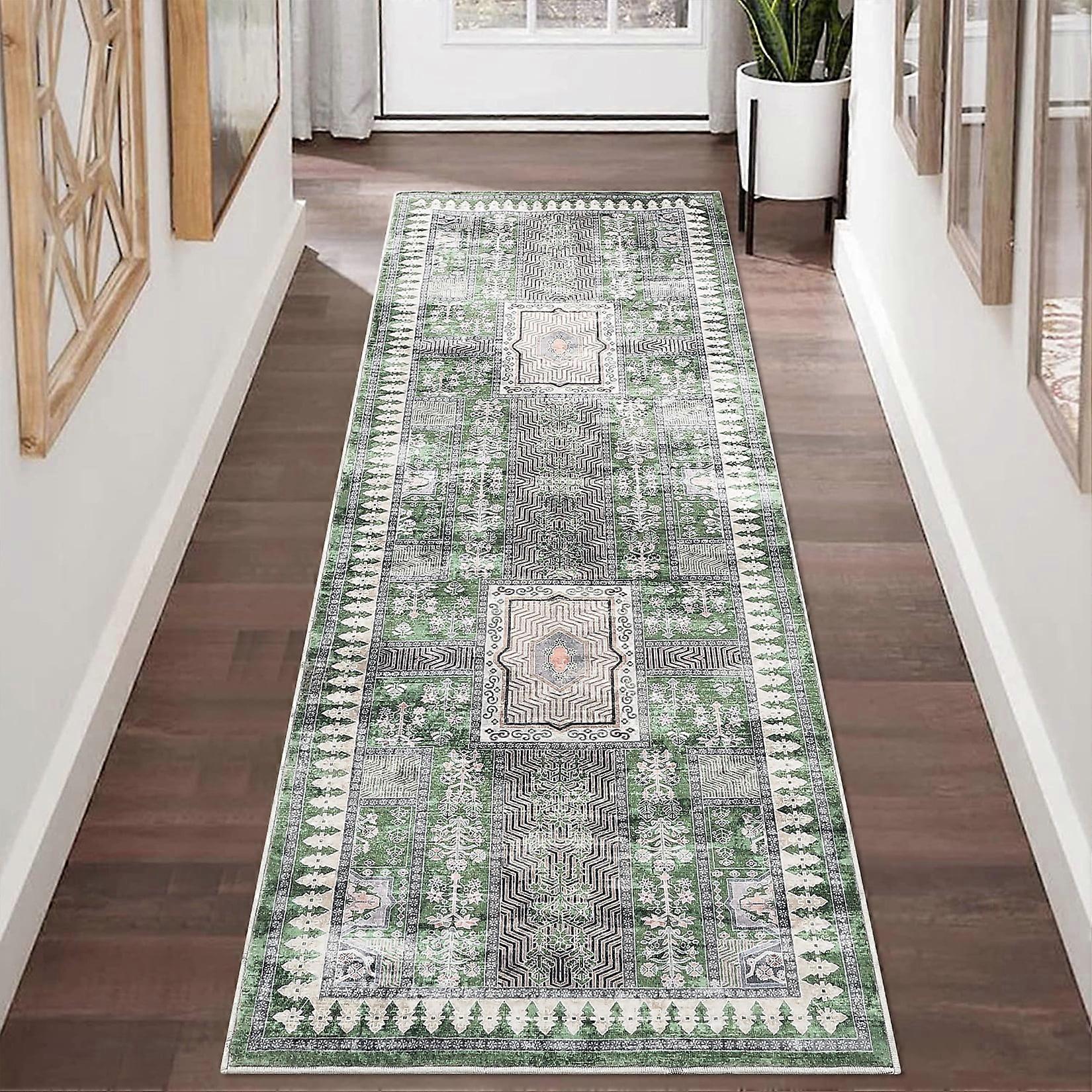 Haperlare Oriental Distressed Runner Rugs for Hallway Machine Washable Non Slip Entryway Rug Runner Rugs for Laundry,Green Floor Mat,2'x6'