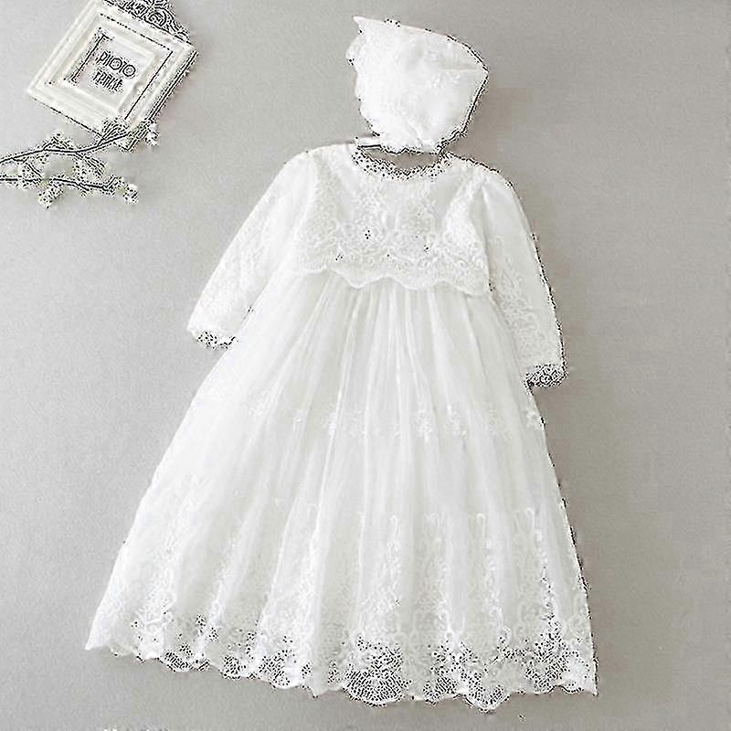 فستان بمثولة بالمعمودية والتعميد للفتيات - أكمام طويلة ، تول مطرز بالدانتيل مع قبعة - نمط الأميرة الرسمي