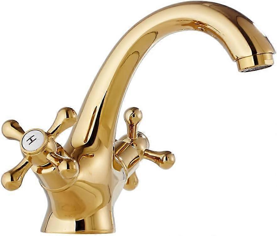 Basin Mixer Tap Retro Brass Double Lever  Hot And Cold Water Compatible, Classic Style