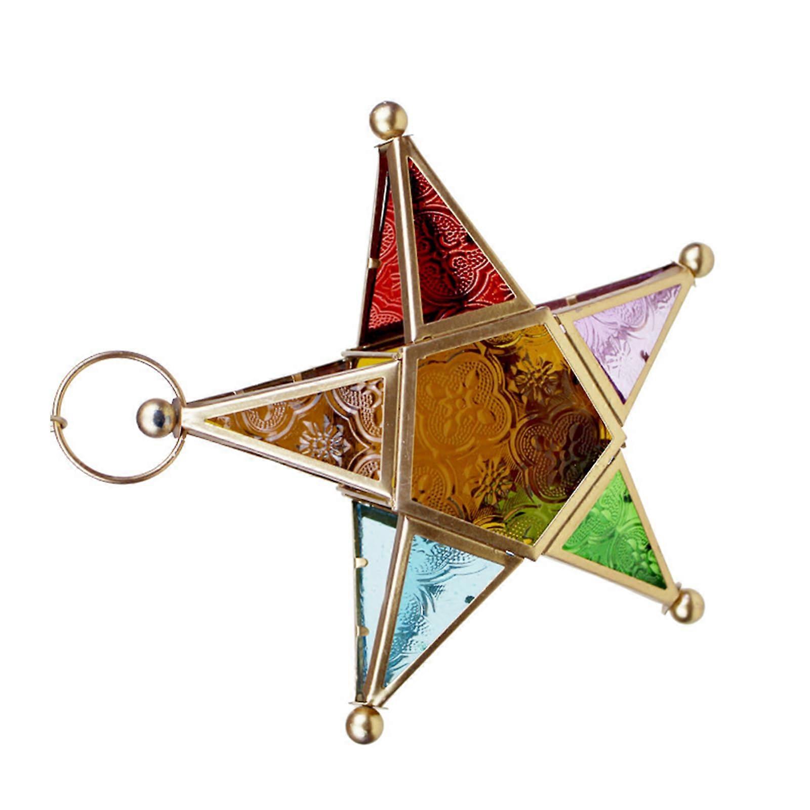 Moroccan Lantern with Colored Glass Panels, Windproof Iron Frame and Chain for Garden Patio