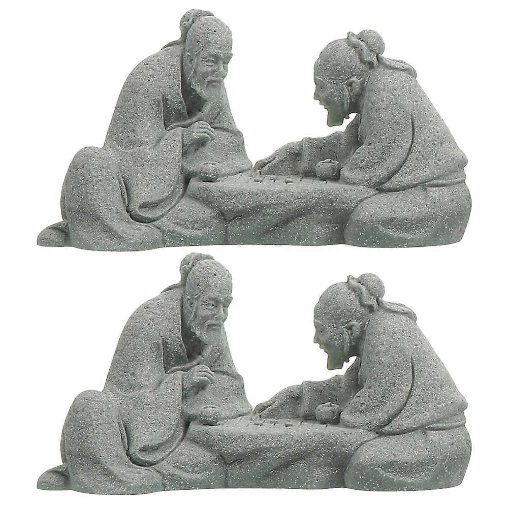 Sandstone Chinese Elder Figurine for Desktop Decor 2Pcs Set