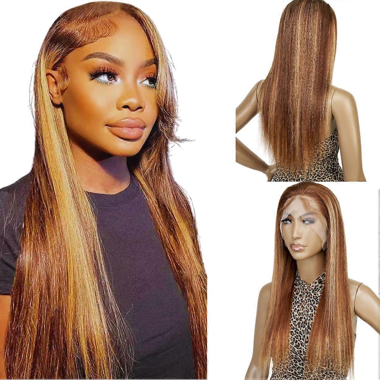 13x5 HD Lace Front Wig Brazilian Virgin Human Hair 30 Inch P4/27 Straight PreBleached Knots 150% Density Glueless Adjustable Strap