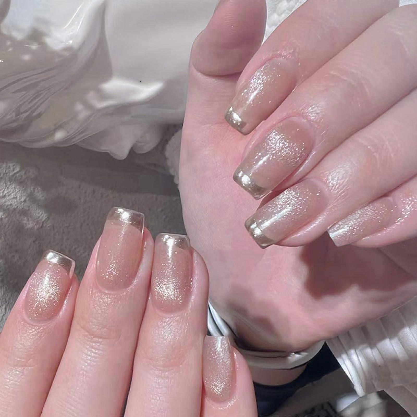 24 Pcs Medium Square Press On Nails French Tip Soft Flexible Resin False Nails with Adhesive