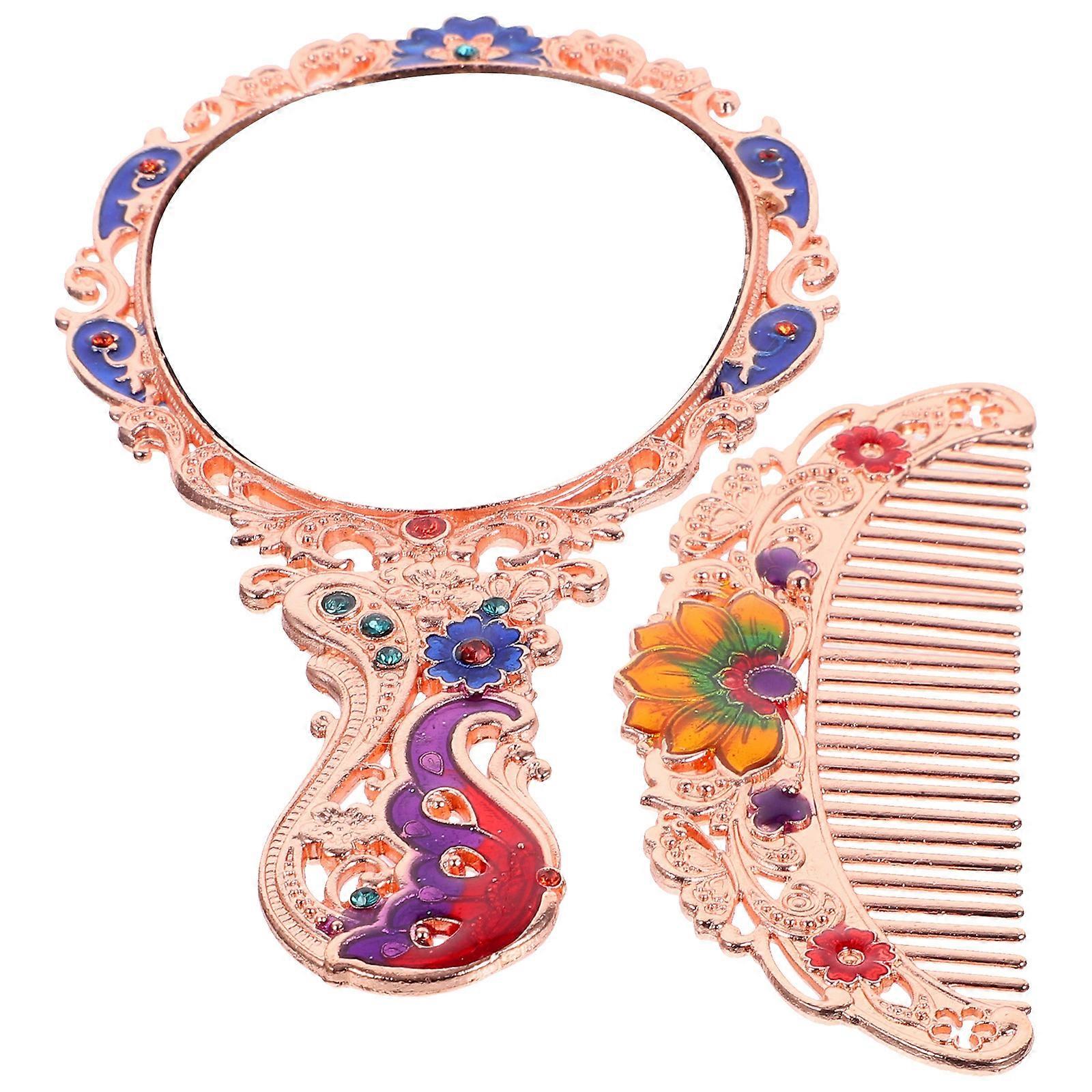 Portable Vintage Mirror Comb Set Handheld Makeup Mirror for 3Sets