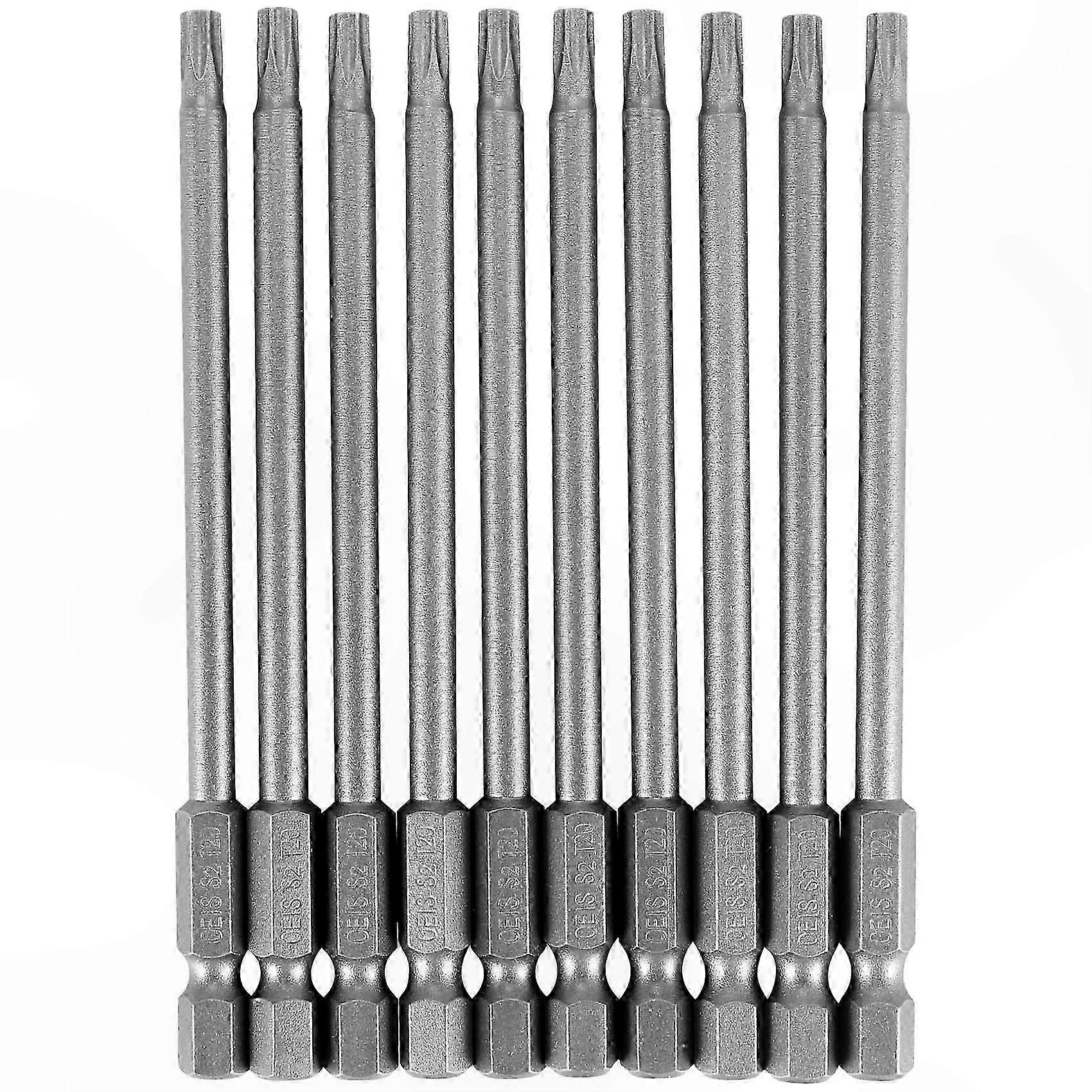 10 Pack T20 Torx Security Bits, 100mm Length, 1/4" Hex Shank Screwdriver Bits for Secure Fastening Solutions