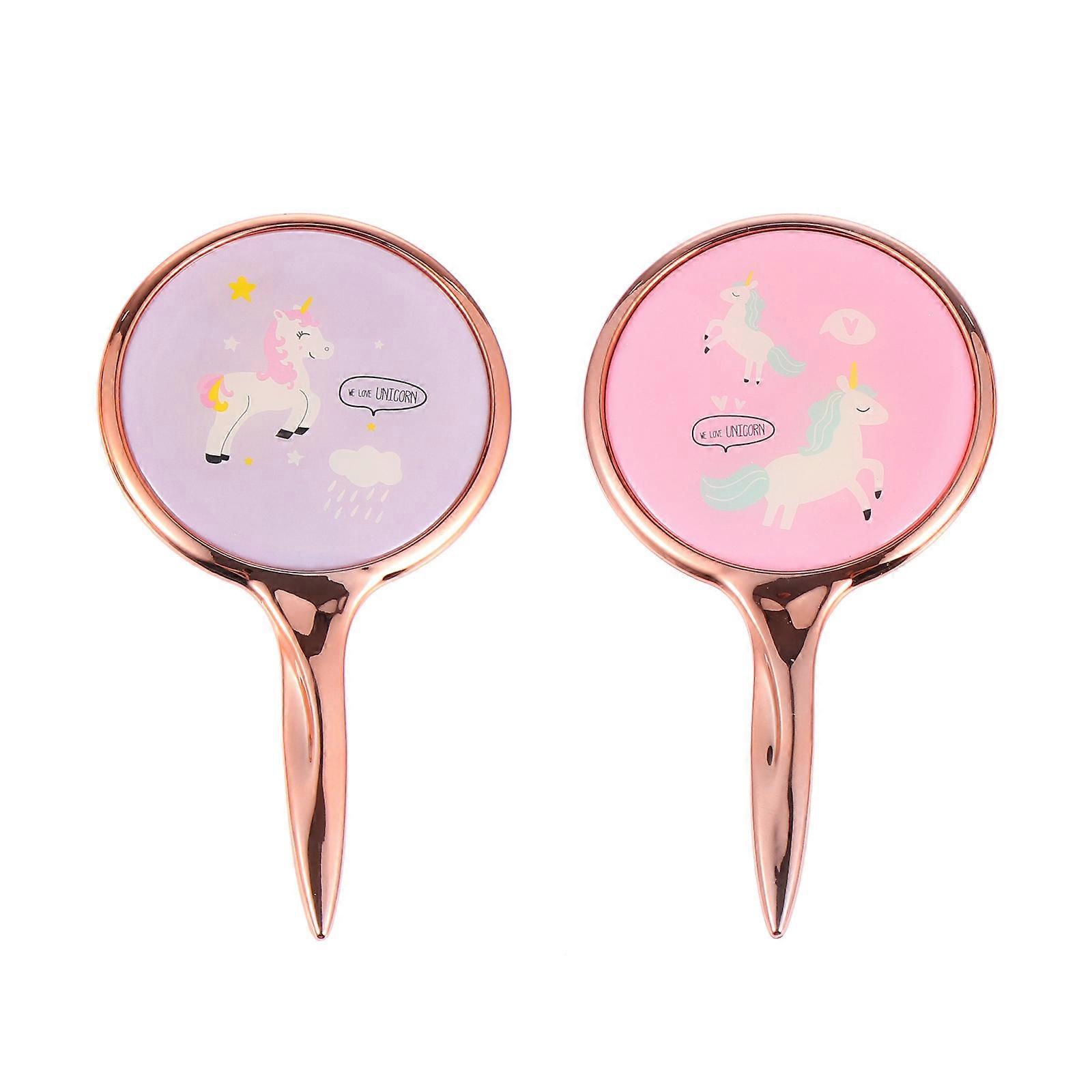 Portable Handheld Mirror Unicorn Pattern Makeup Mirror for Makeup Use 2Pcs