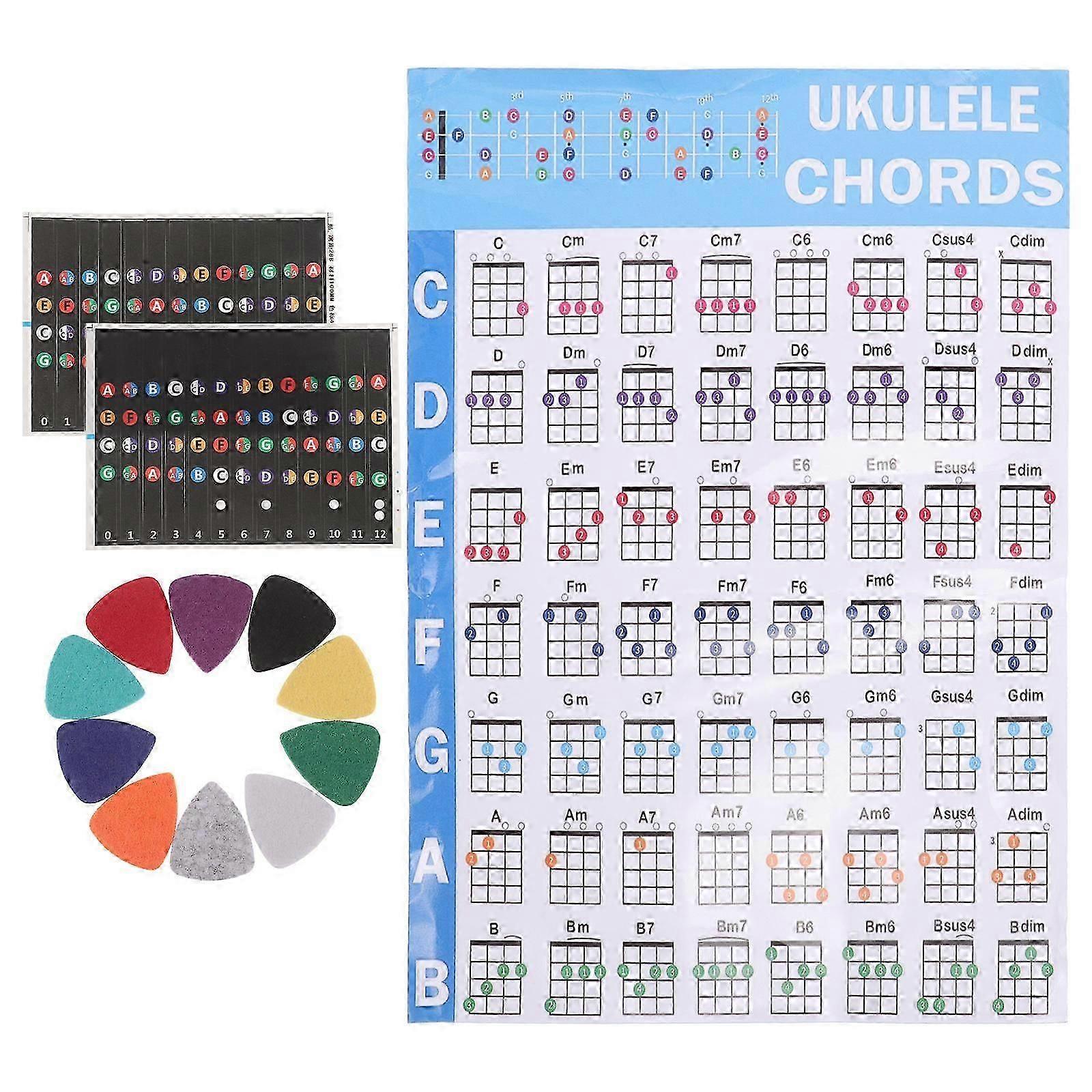 Ukulele Beginner Kit | Chord Chart, Fretboard Decals & Picks Set