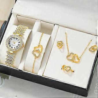 1pc Frauen Full Drill Quarz Uhr Liebe Halskette Armband Ohrringe Ring Set 5pcs