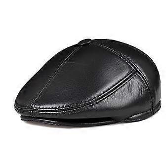 Men's Black Leather Flat Cap XXL 5960cm, Adjustable Metal Buckle, Warm Ear Protection, Breathable PU Leather