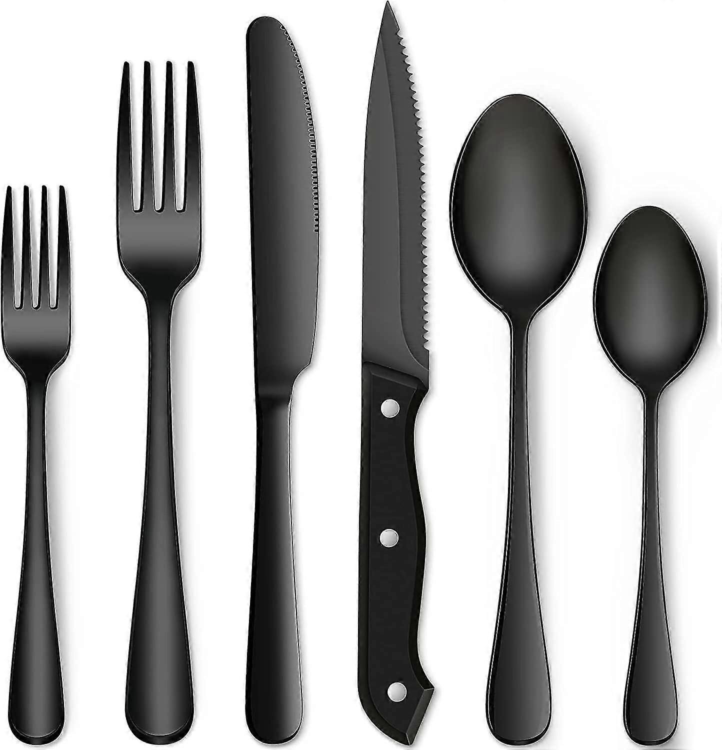 Matte Black Silverware Set with Steak Knives Compatible with 8 Persons
