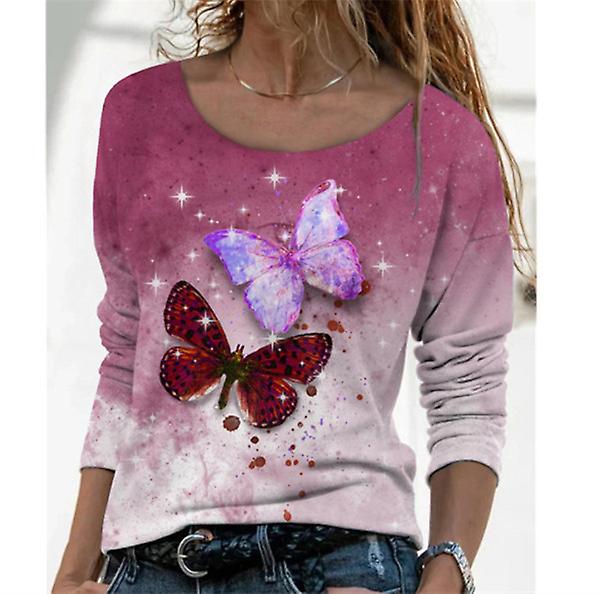 New Women's 3d Butterfly Print Short Sleeve V-neck Loose Oversized T-shirt Top