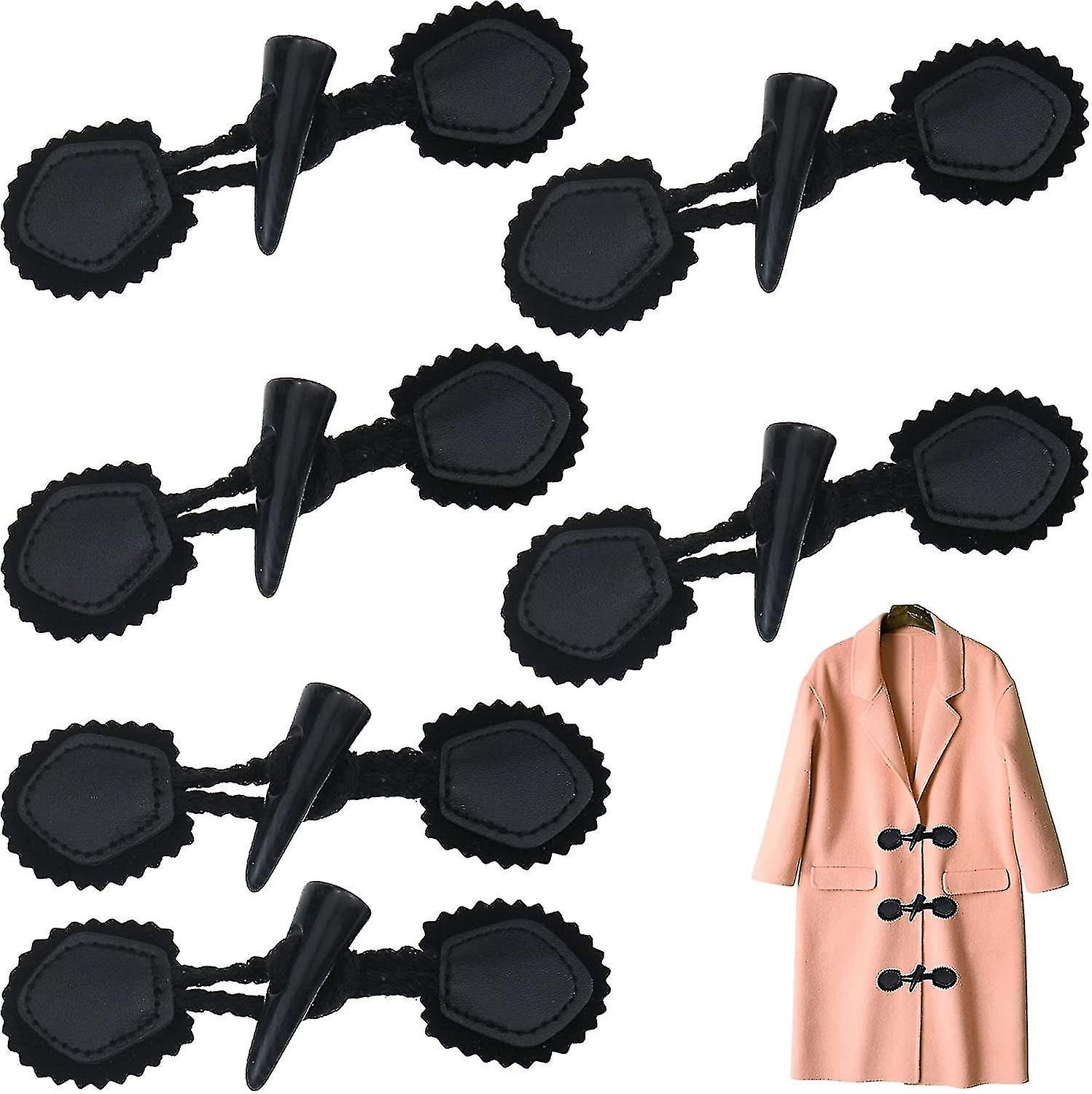 6 סטים דו עור תפירה על מתגים (שחור) סגירה עם שרף צופר כפתור תפירה אביזרים עבור מעיל בגדים מעיל, סוודר, מעיל רוח