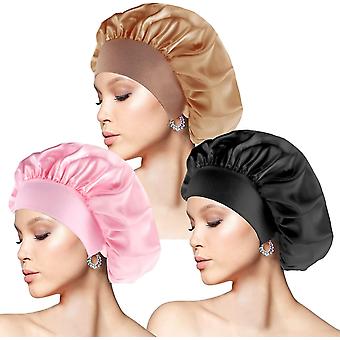 3 Pcs Silk Bonnet, Satin Hair Bonnet Compatible Sleeping With Wide Elastic Band Satin Sleep Cap, Soft Night Sleep Hat Compatible Women Girls Diameter