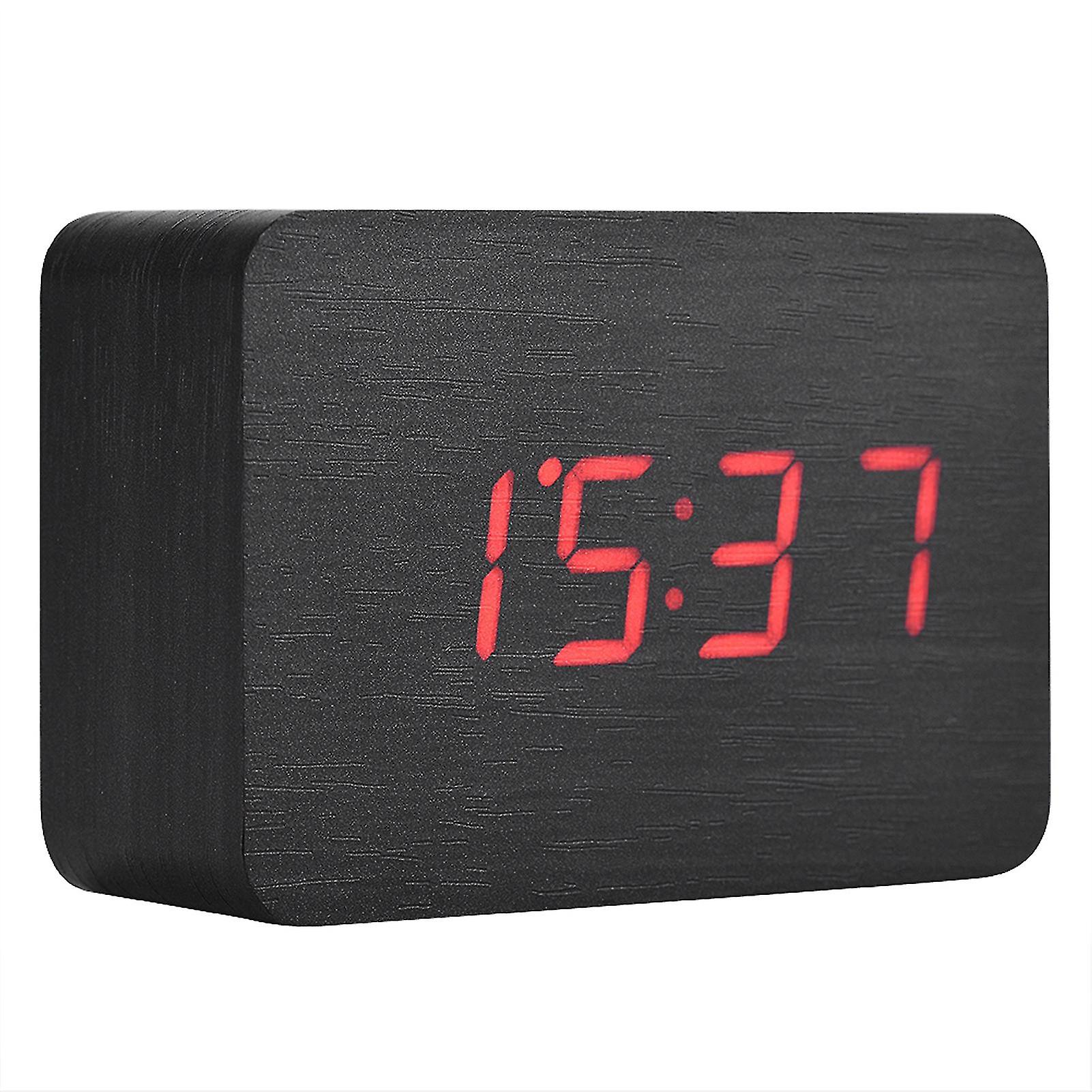 Digital Wooden Alarm Clock with LED Temperature Display and Sound Control, Modern Black Electronic Desk Clock with Adjustable Brightness