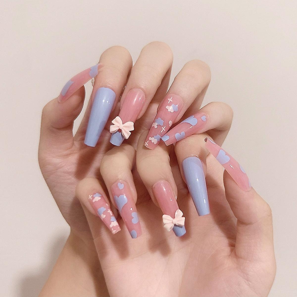 False Nail Tips Fake Artificial Art DIY Finger Cover Blue Pink Series Ice Transparent Finished Produ