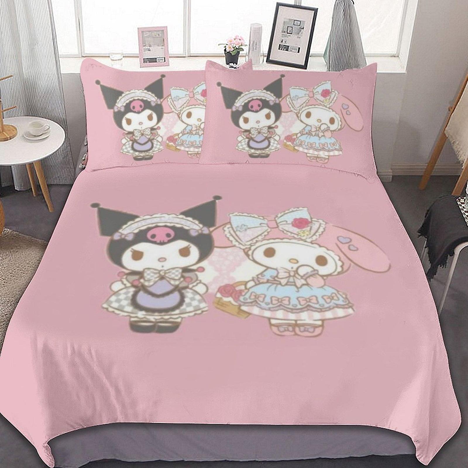 Kuromi & My Melody 3 st lakan set Andningsbart påslakan med 2 kuddar Sham Soft All Seasons Sängkläder Set