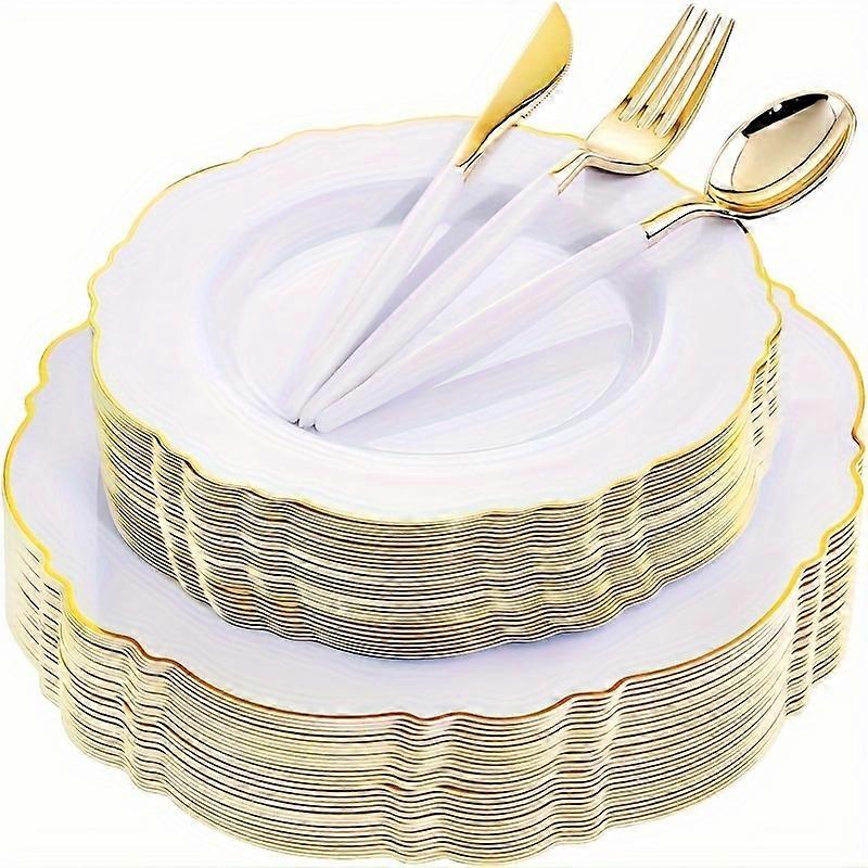 35PCSプレミアムプラスチックカトラリー&プレートセット - ホワイトゴールデン縁、エレガントなディナー&デザートウェア - 耐久性があり、使い捨てで、パーティーのためのスタイリッシュ - 手間-