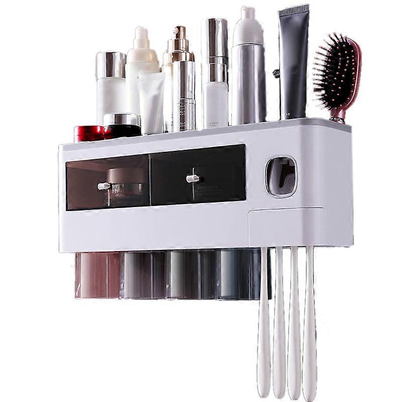 Wall Mounted Toothbrush Holder Multi Function Magnetic Absorption Bathroom Storage Rack With Drawer Toothpaste Dispenser 4 Cup Translucent Gray (38.4x