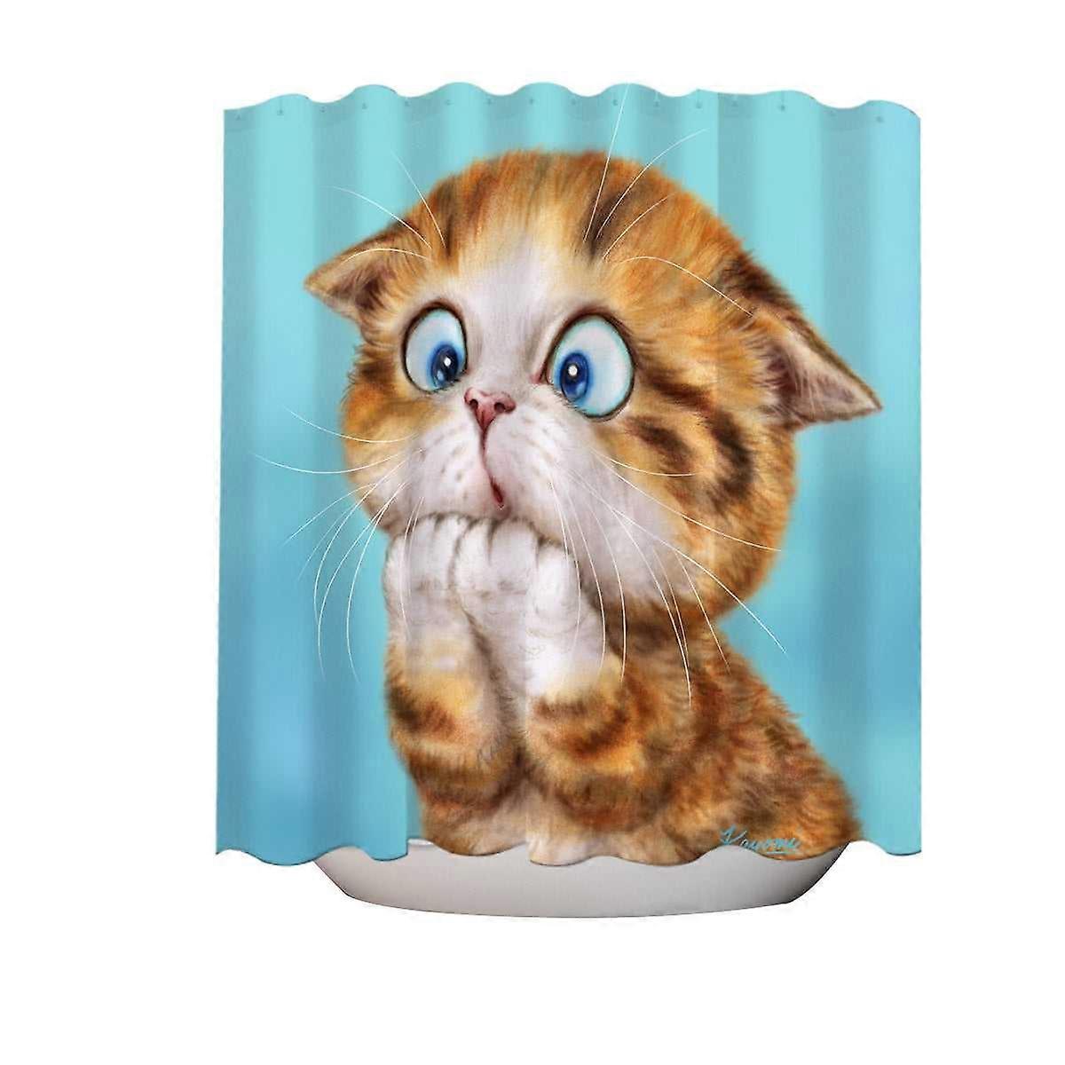 有趣的小猫担心姜猫猫在蓝色浴帘上
