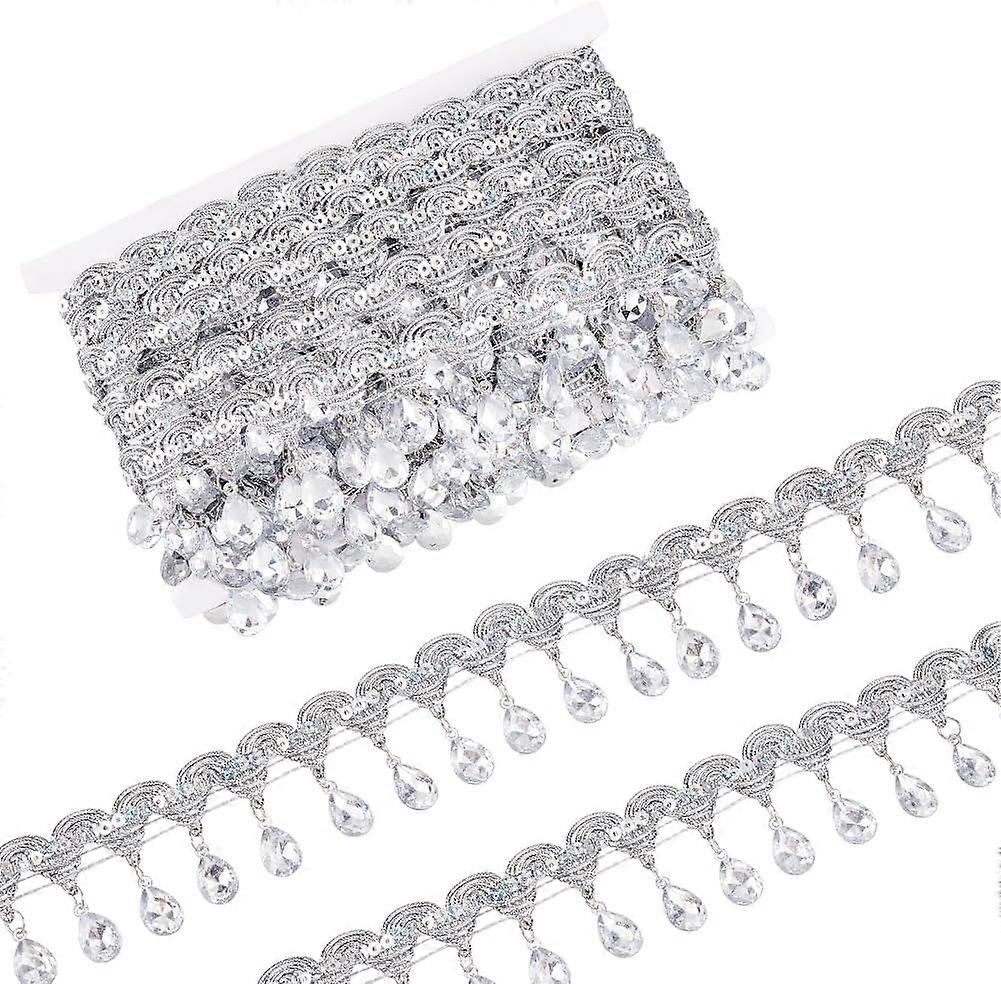 9.8 Yard 48.5mm Silver Metallic Scroll Braid Trim with Sequins & Clear Rhinestone Polyester Hanging Beads Fringe Trim Gimp Braid Trim Sewing Tassel Tr