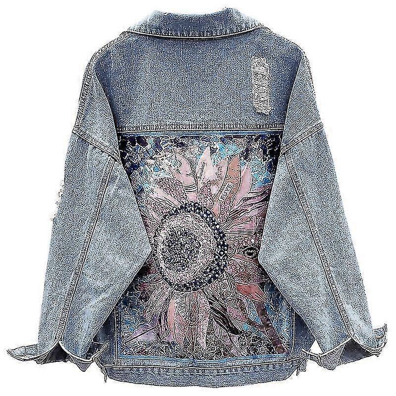 Blommig broderad jeansjacka Boho modejacka vinterjacka för kvinnor