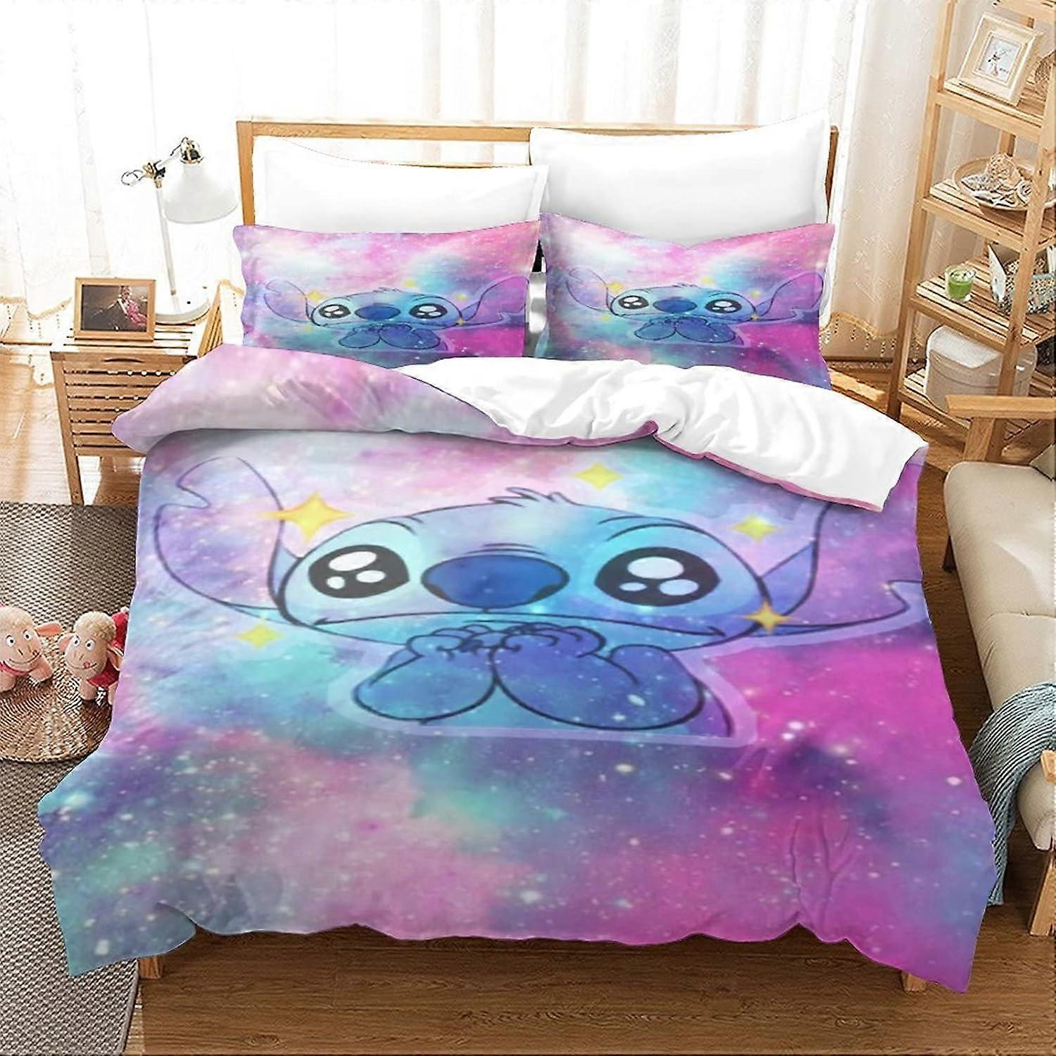 Stitch Animated Character Duvet Cover Set, Lilo & Stitch Printed Bedding Set, Pillowcases, Zipper Closure
