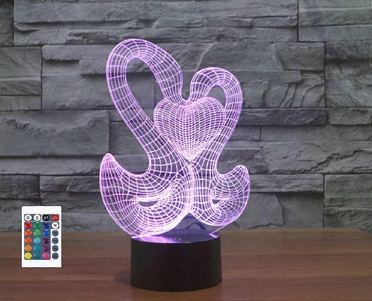 Xcy 3D Double Goose Heart Remote Control 16 Color Night Lights Illusion Acrylic LED Table Bedside La