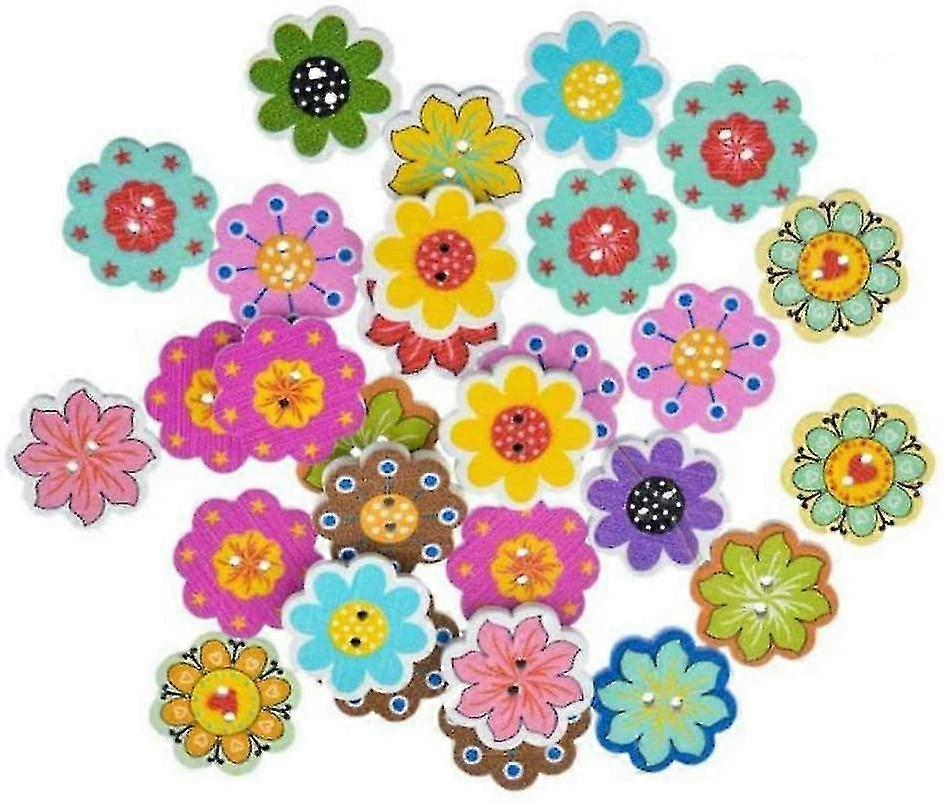 50 Pcs Multi-color Flower Shape Wooden Buttons