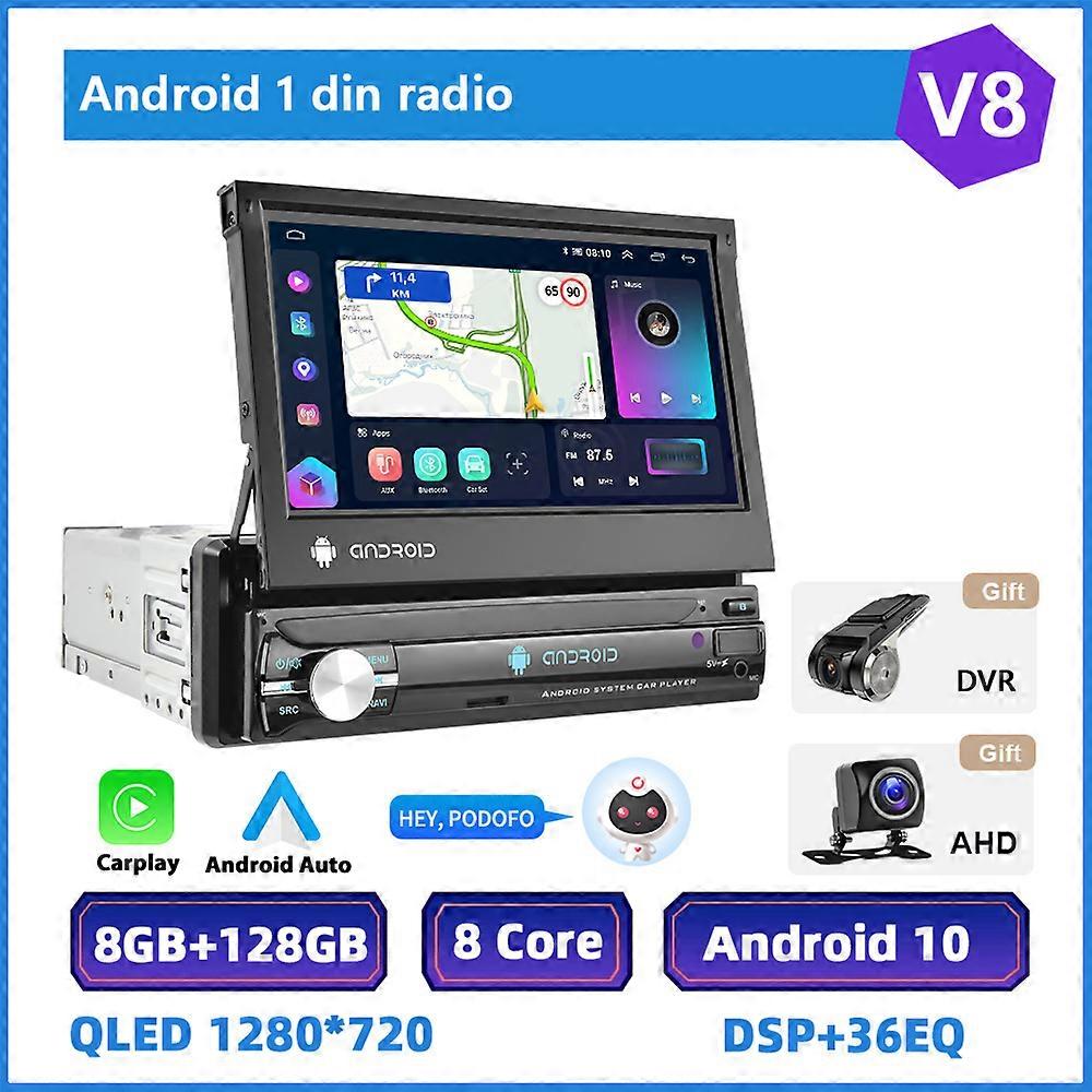 Podofo 1 DIN Android 10 Car Radio Carplay Universal 7'' Retractable Screen MP5 Player Auto Radio Stereo GPS Receiver BT