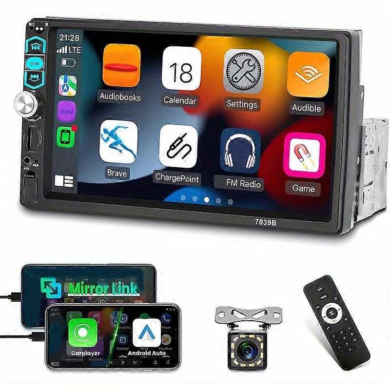 Single Din Car Stereo with Carplayer Android Auto Bltooth 5.1, 7 Inch Touchscreen Car Audio Receiver with Mirror Link FM Radio SWC USB AUX TF Card and