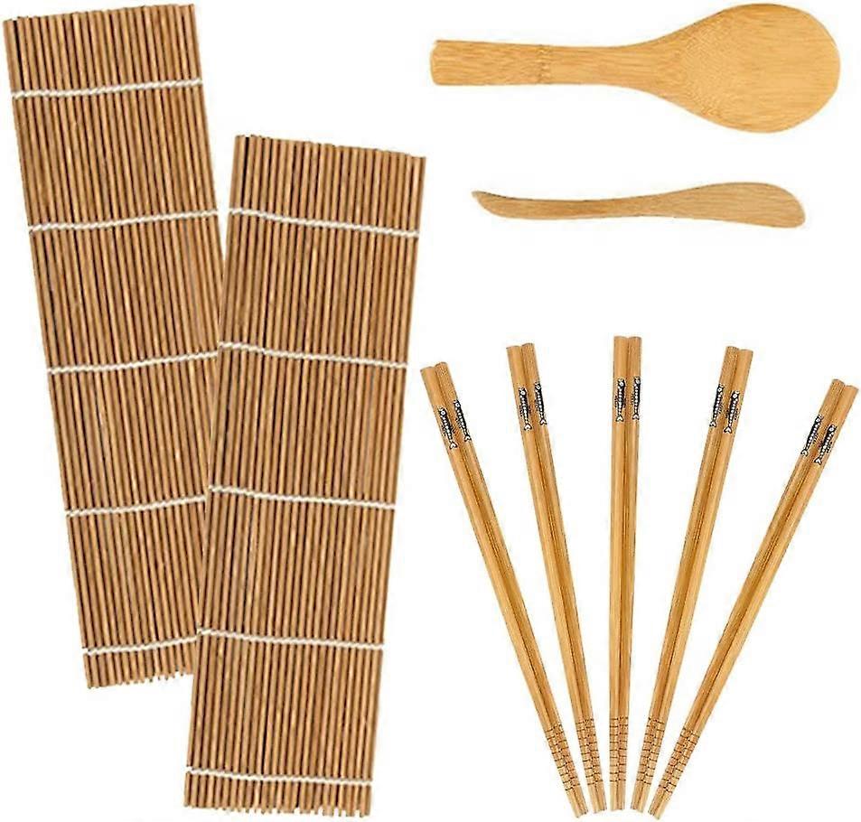 9-piece bamboo sushi making kit, bamboo rolling mat for beginners, includes 2 bamboo rolling mats, 5 pairs of chopsticks, 1 rice paddle and 1 rice spa