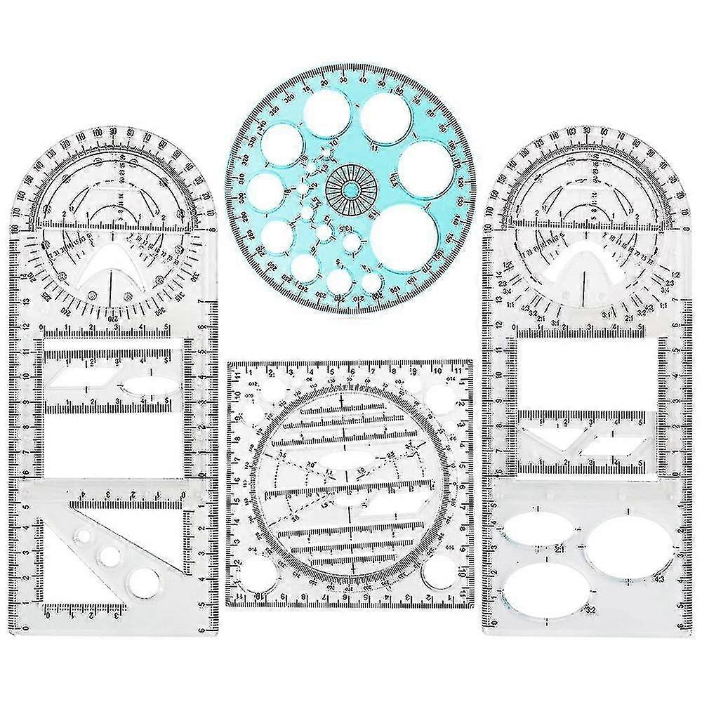Mathematics Measuring Circle Set - 4 Pcs Geometric Ruler Drawing Tools, Plastic Ruler Set