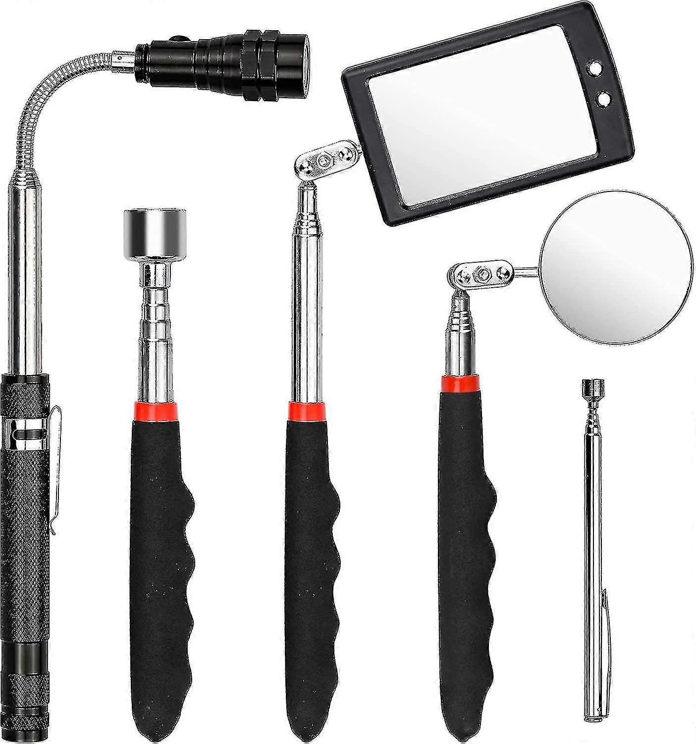 5pcs Magnetic Pick Up Tool Telescopable Magnetic Pick Up Tool Including 1.5/20lb Telescopic Magnet Square/round Inspection Mirror With Led And Flashli