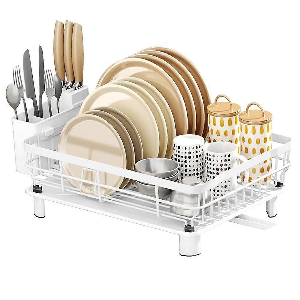 Dish Drainer Compact Dish Rack for Kitchen Countertops with Drain Plate, Cutlery Rack & Adjustable