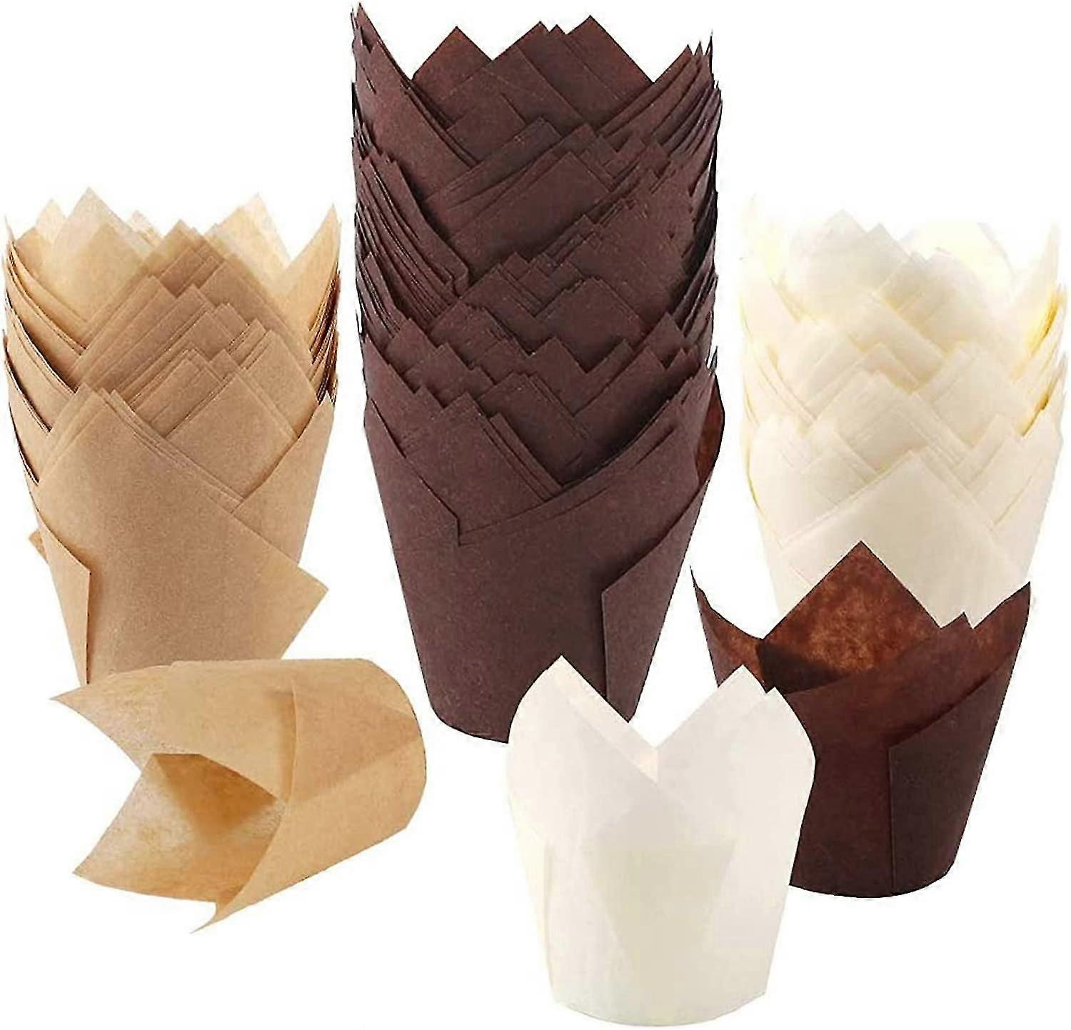 150pcs Tulip Cupcake Baking Cups, Muffin Baking Liners Holders, Rustic Cupcake Wrapper, Brown, White And Nature Color,9710