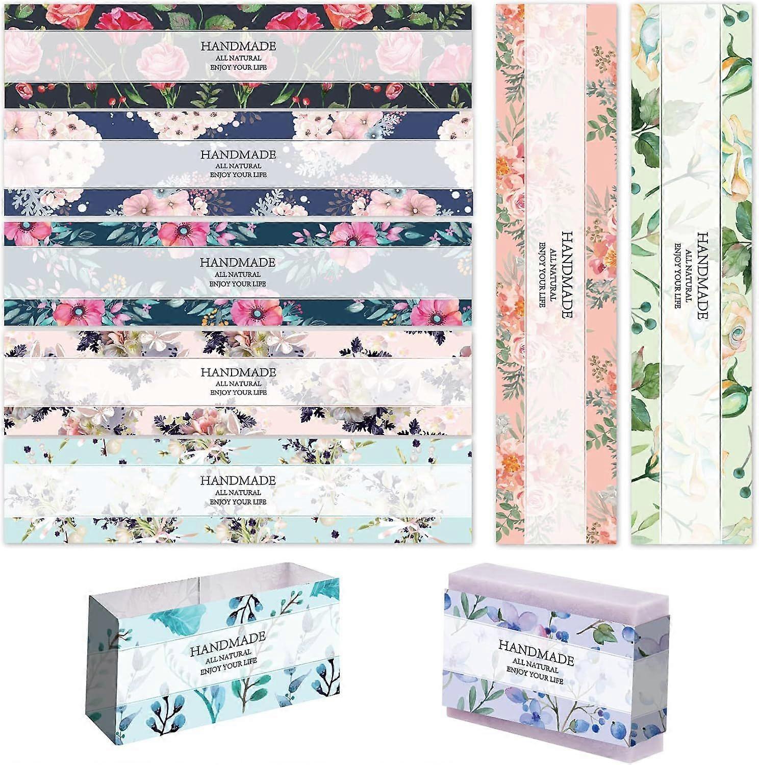90pcs Flower Wrap Tape 9 Styles Rose Blossom Leaf Soap Paper Labels Crafts Wrapper Sleeves Covers Vertical Tags Soap Paper Tape Band for Handmade Soap