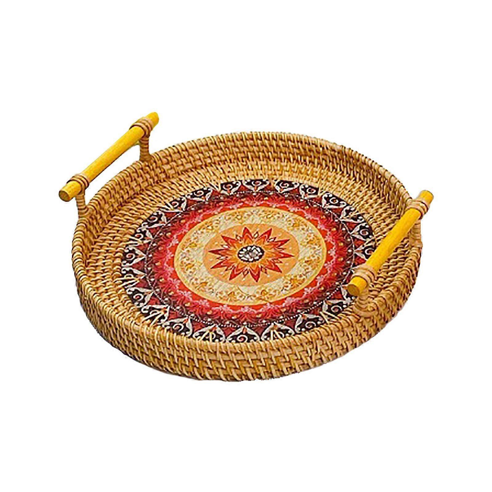 Rattan Fruit Tray Solid Wood Handle Decorative Coffee Table Tray Hand Woven Delicate Round Serving Tray for Storing Displaying Bread Fruit