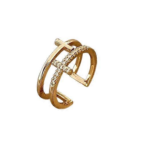 العصرية الحد الأدنى الذهب اللون الصليب خواتم هندسية مزدوجة طبقة مفتوحة قابل للتعديل خاتم الإصبع للنساء هدية مجوهرات الزفاف