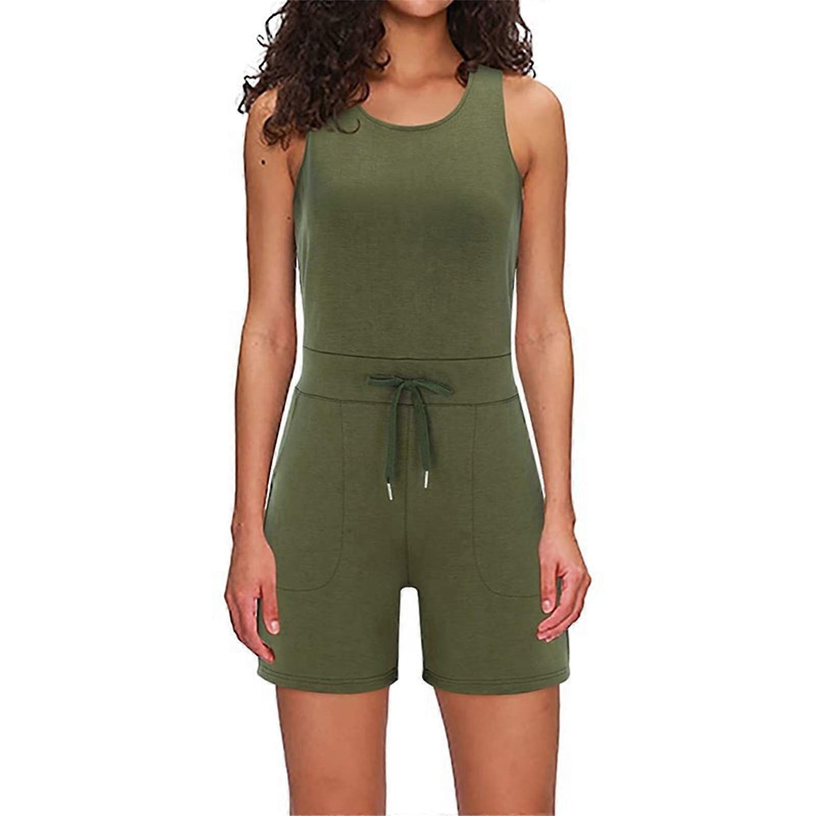 Femmes Col rond Sans Manches Barboteuse Cordon de serrage Shorts Combinaisons Combishorts avec poches Vert XL