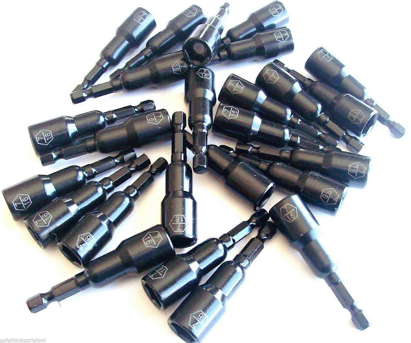 LOT OF ~ 25 ~ LASER ETCHED 7/16' IMPACT MAGNETIC NUT SETTERS 2-9/16' LONG NUTSETTER DRIVER 1/4' HEX SHANK