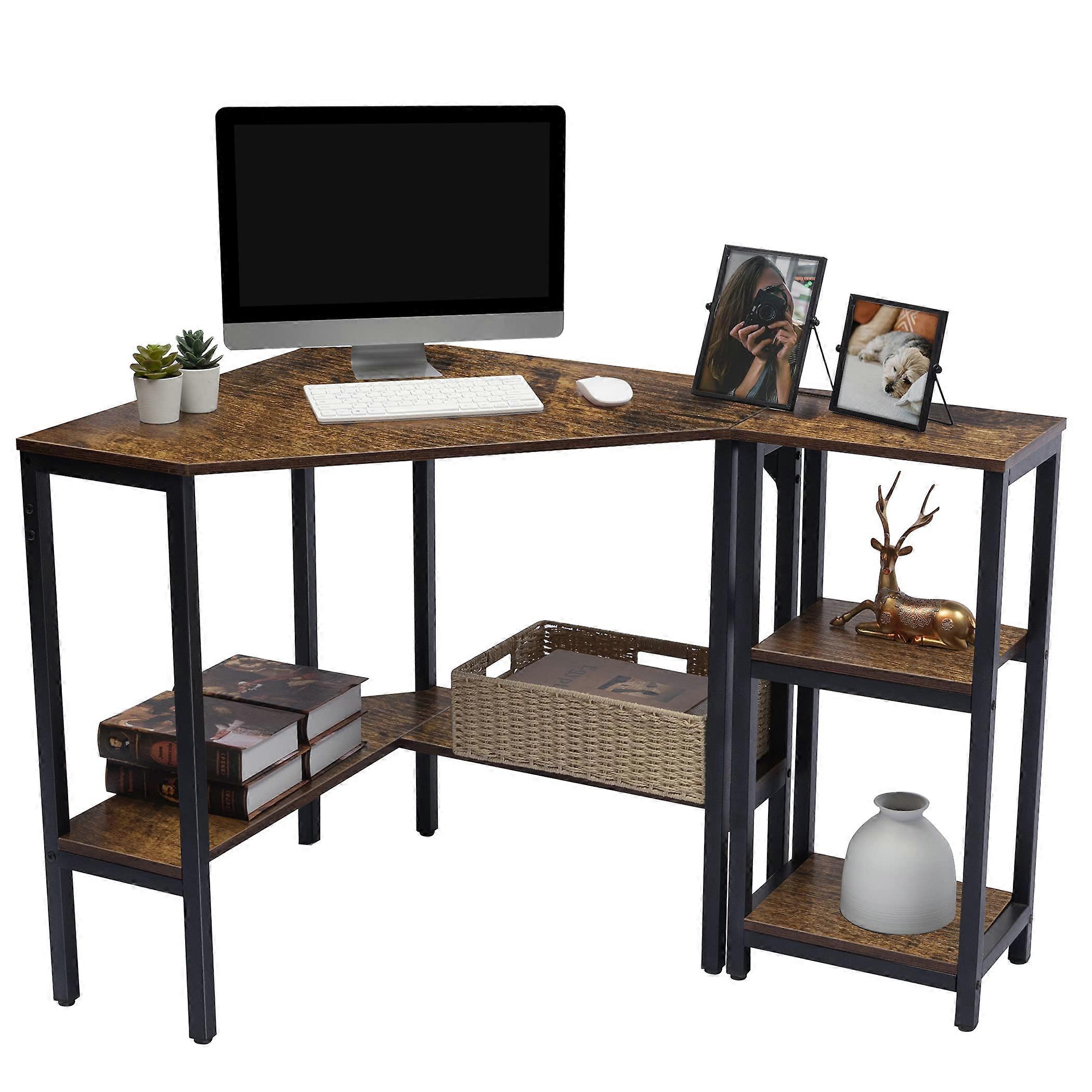 Corner Desk, Triangle Computer Desk with Storage Shelves, Laptop PC Table Writing Study Table Workstation for Home Office Rustic Brown