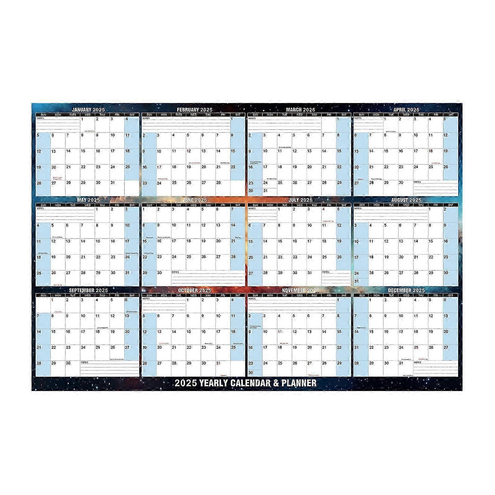 Calendrier mural effaçable 2025 avec ruban adhésif double face et structure pliable 1er janvier 2025 - 31 décembre 2025