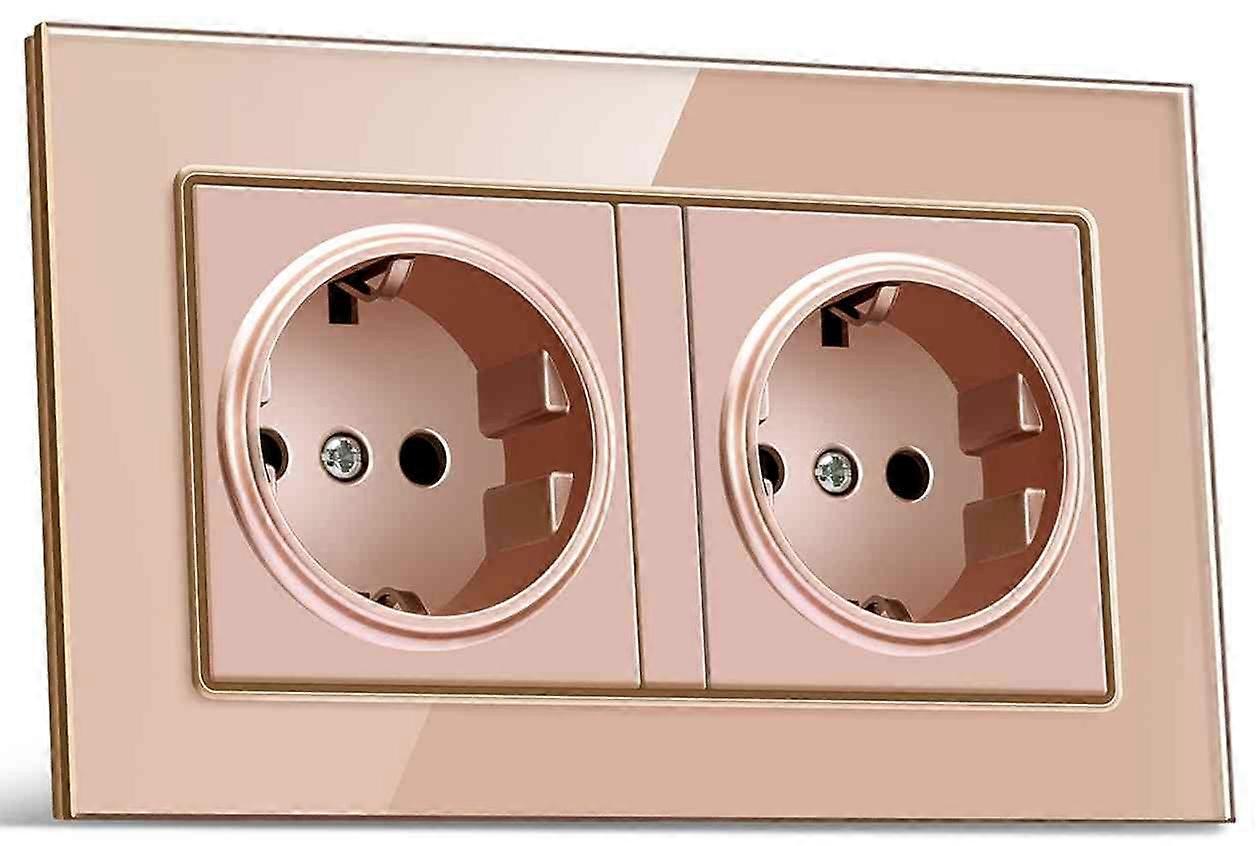 Eu Plug Double Socket Wall Electrical Outlets 16A - 250V Golden Glass Panel Germany Power Socket